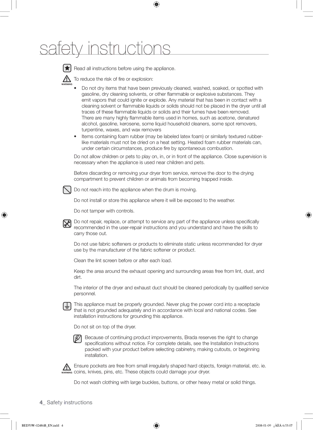 Samsung BED70W user manual Safety instructions 