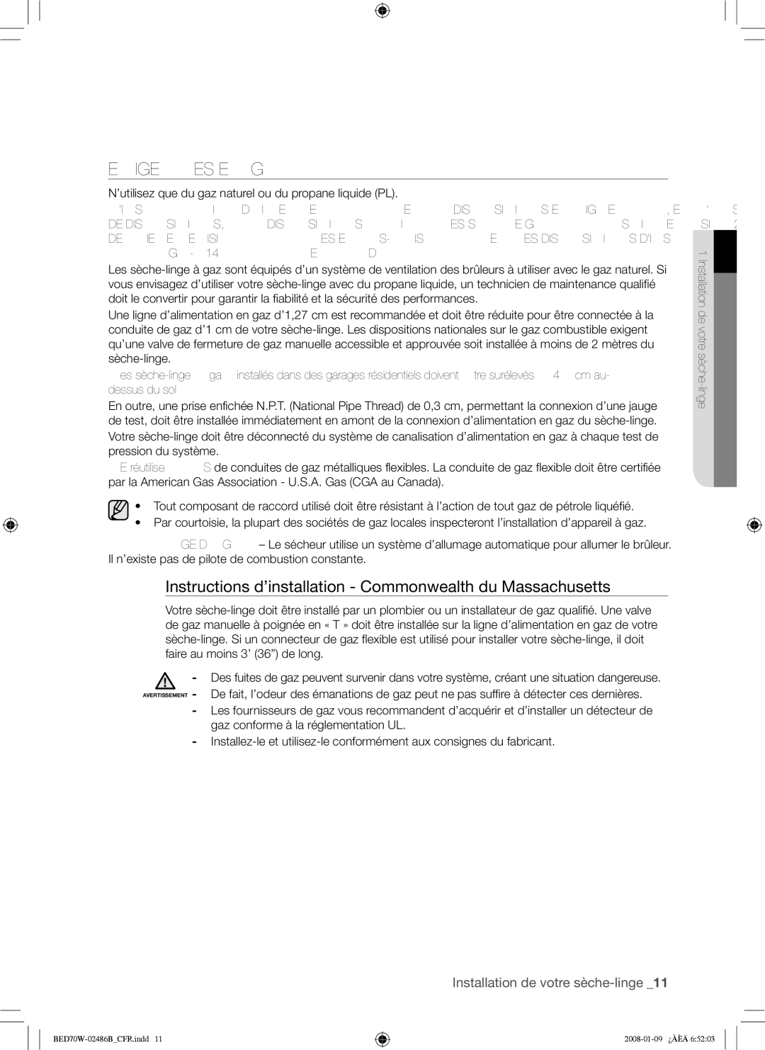 Samsung BED70W user manual Exigences EN GAZ, Instructions d’installation Commonwealth du Massachusetts 