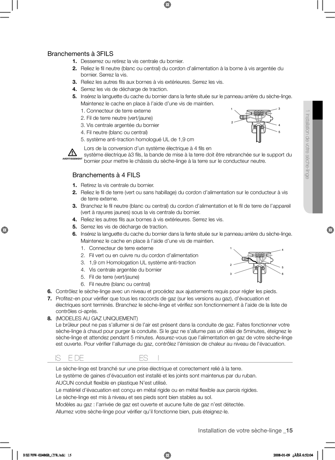 Samsung BED70W user manual Liste DE Contrôles Finaux, Branchements à 3FILS 