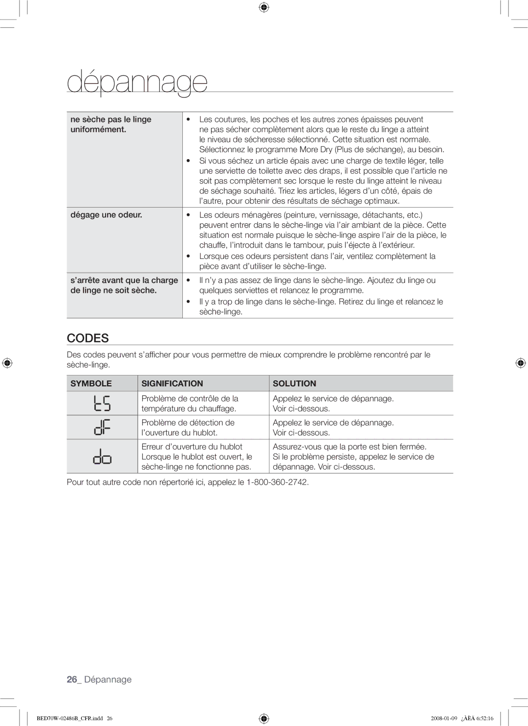 Samsung BED70W user manual Codes, Symbole Signification Solution 