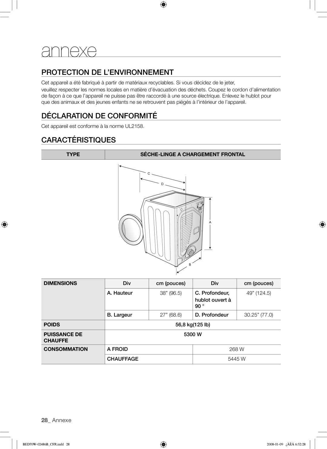 Samsung BED70W user manual Protection DE L’ENVIRONNEMENT, Déclaration DE Conformité, Caractéristiques 