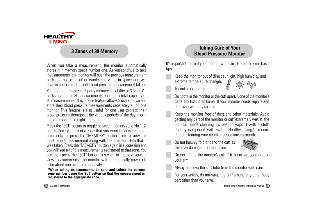 Samsung BF-180M owner manual Zones of 30 Memory, Taking Care of Your Blood Pressure Monitor 