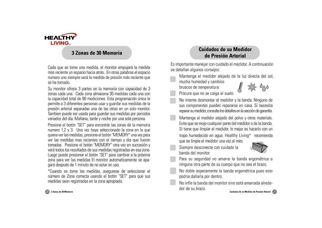 Samsung BF-180M owner manual Zonas de 30 Memoria, Cuidados de su Medidor De Presión Arterial 