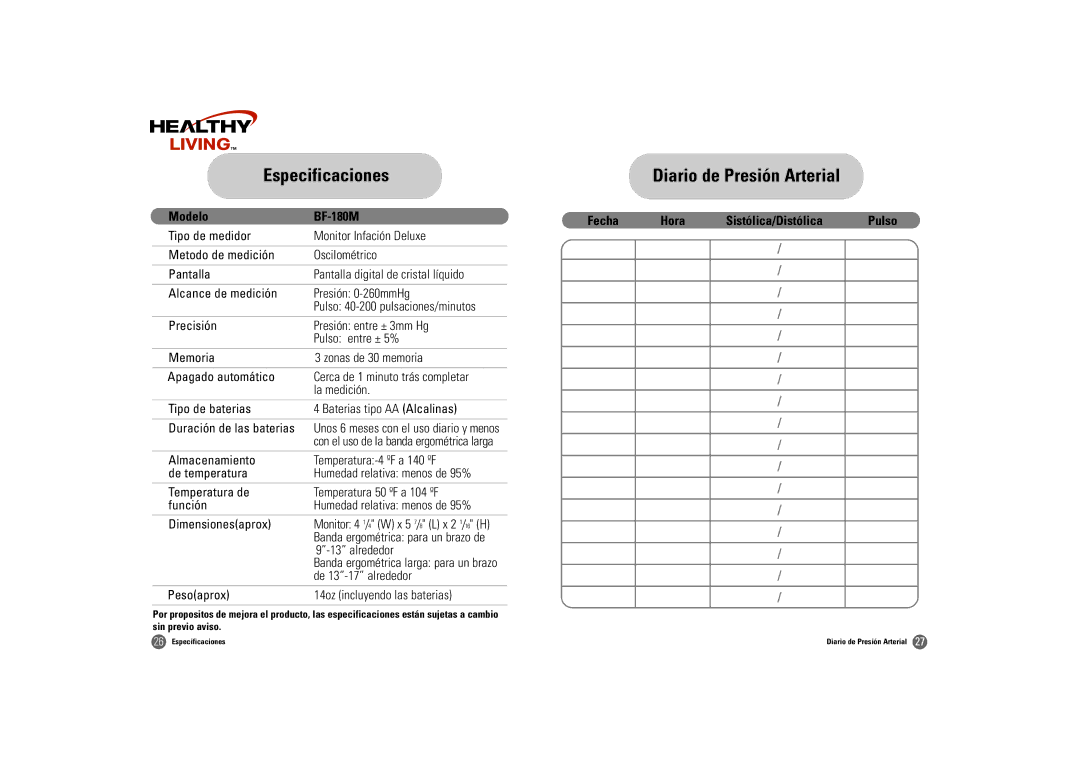 Samsung BF-180M owner manual Especificaciones, Diario de Presión Arterial 