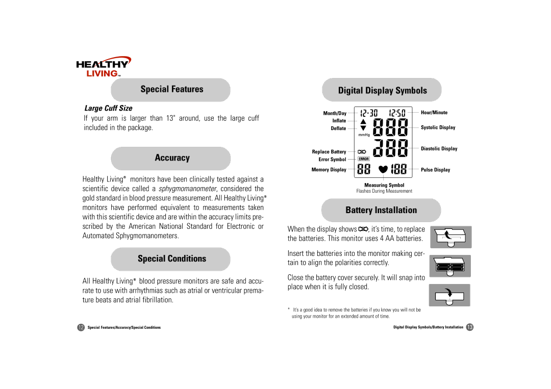 Samsung BF-180M owner manual Accuracy, Special Conditions, Digital Display Symbols, Battery Installation, Large Cuff Size 