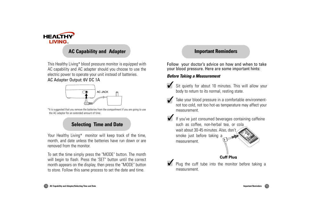 Samsung BF-180M AC Capability and Adapter, Selecting Time and Date, Important Reminders, AC Adapter Output 6V DC 1A 