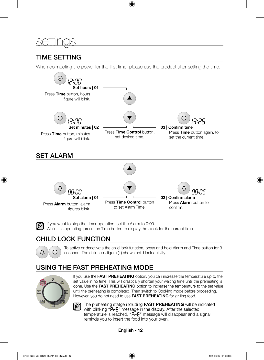 Samsung BF1C4B223/ML manual Settings, Time Setting, SET Alarm, Child Lock Function, Using the Fast Preheating Mode 