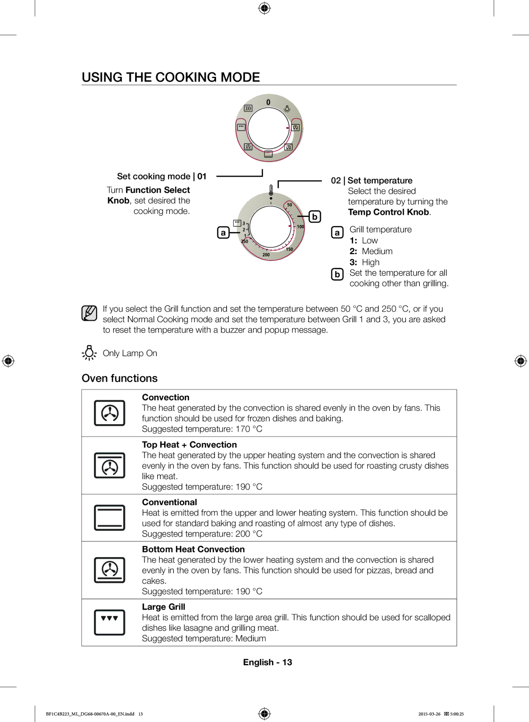 Samsung BF1C4B223/ML manual Using the Cooking Mode, Oven functions 