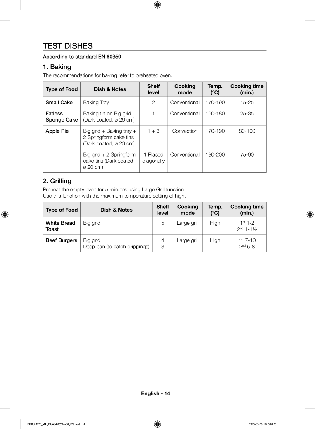 Samsung BF1C4B223/ML manual Test Dishes, Baking, Grilling, Dish & Notes Shelf Cooking Temp 