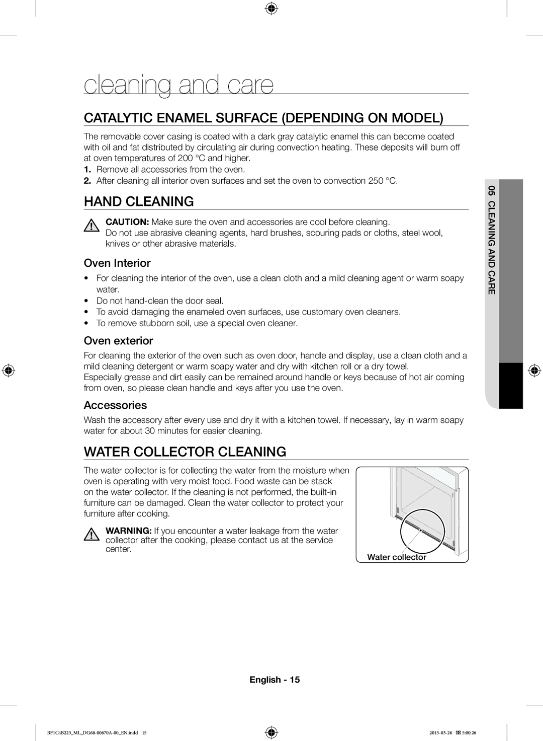 Samsung BF1C4B223/ML manual Cleaning and care, Catalytic Enamel Surface Depending on Model, Hand Cleaning 