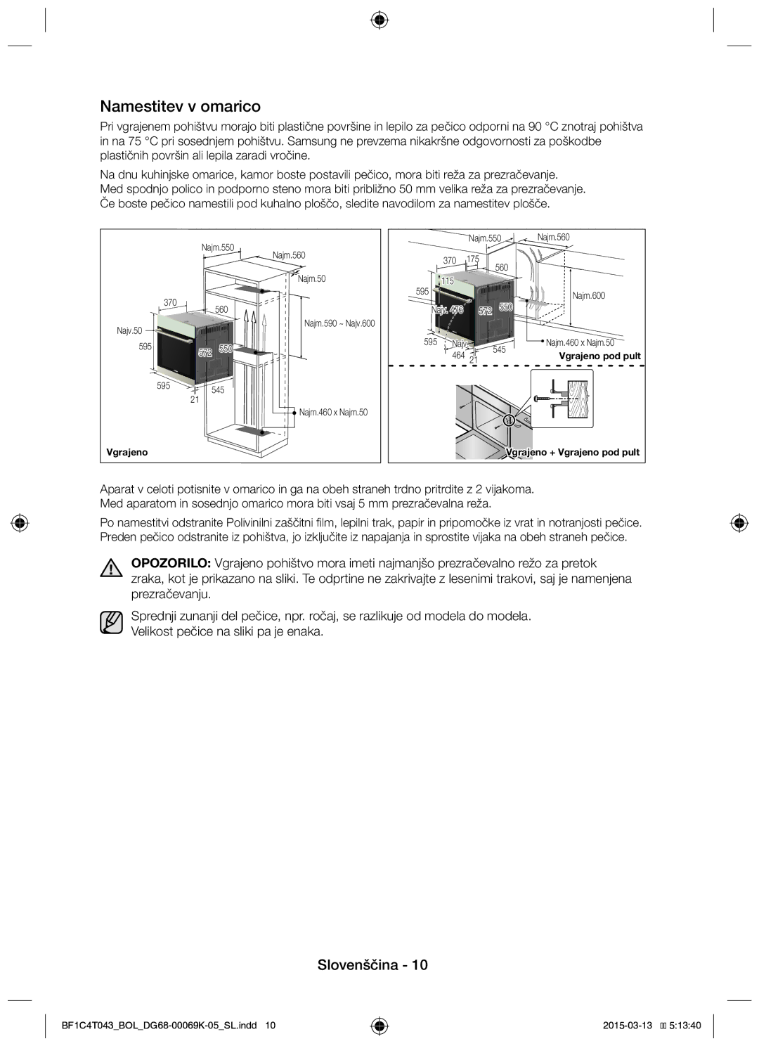 Samsung BF1C4T043/BOL, BF1C6G043/BOL manual Namestitev v omarico 