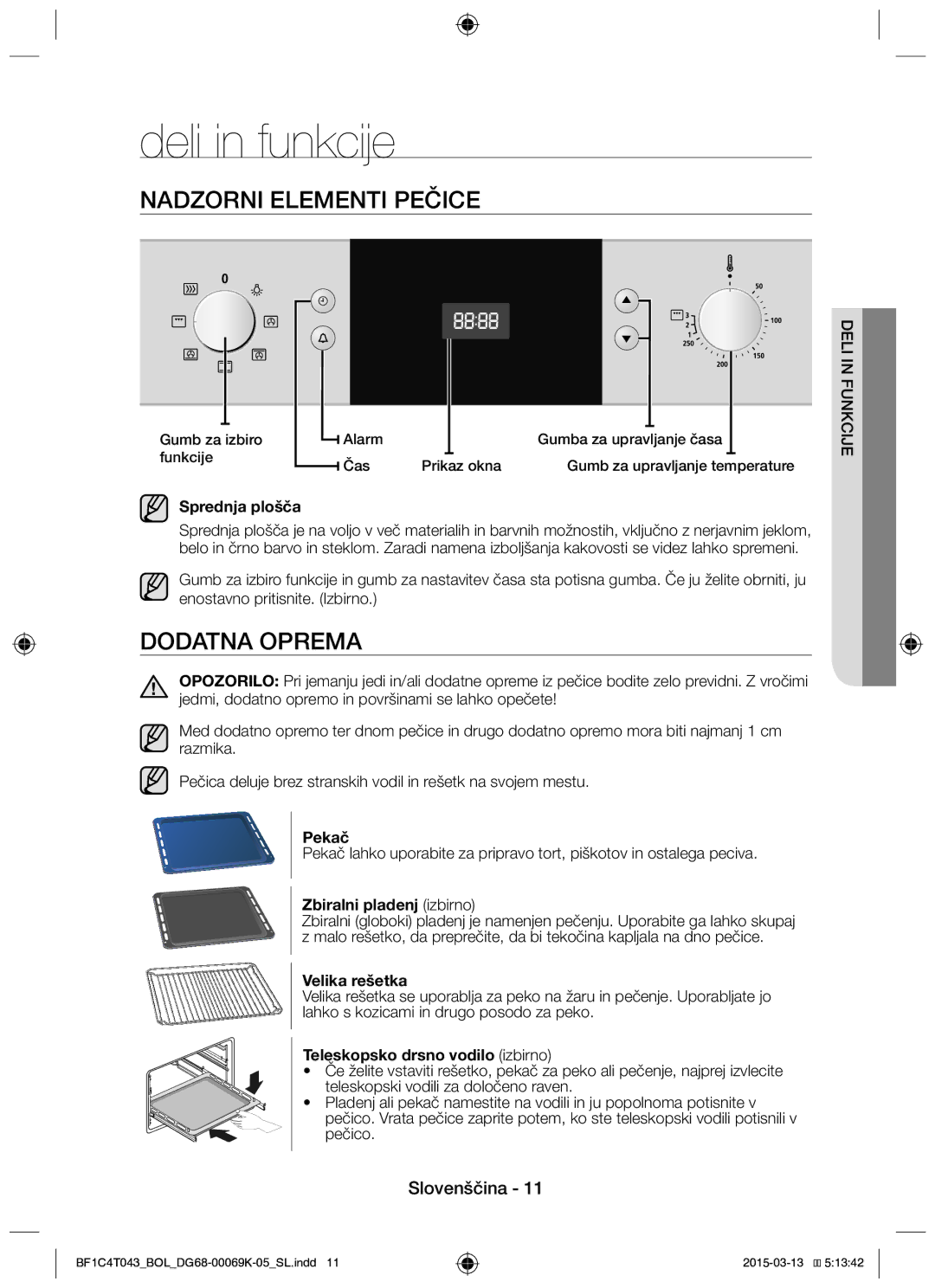 Samsung BF1C6G043/BOL, BF1C4T043/BOL manual Deli in funkcije, Nadzorni Elementi Pečice, Dodatna Oprema 