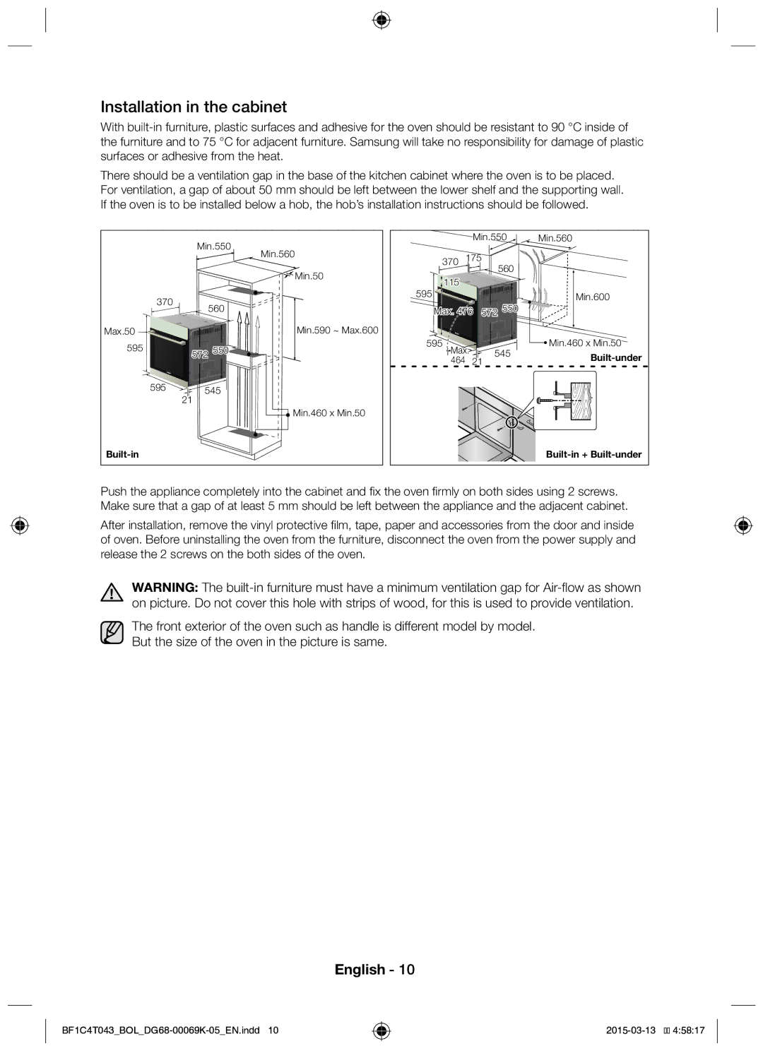 Samsung BF1C4T043/BOL, BF1C6G043/BOL manual Installation in the cabinet 