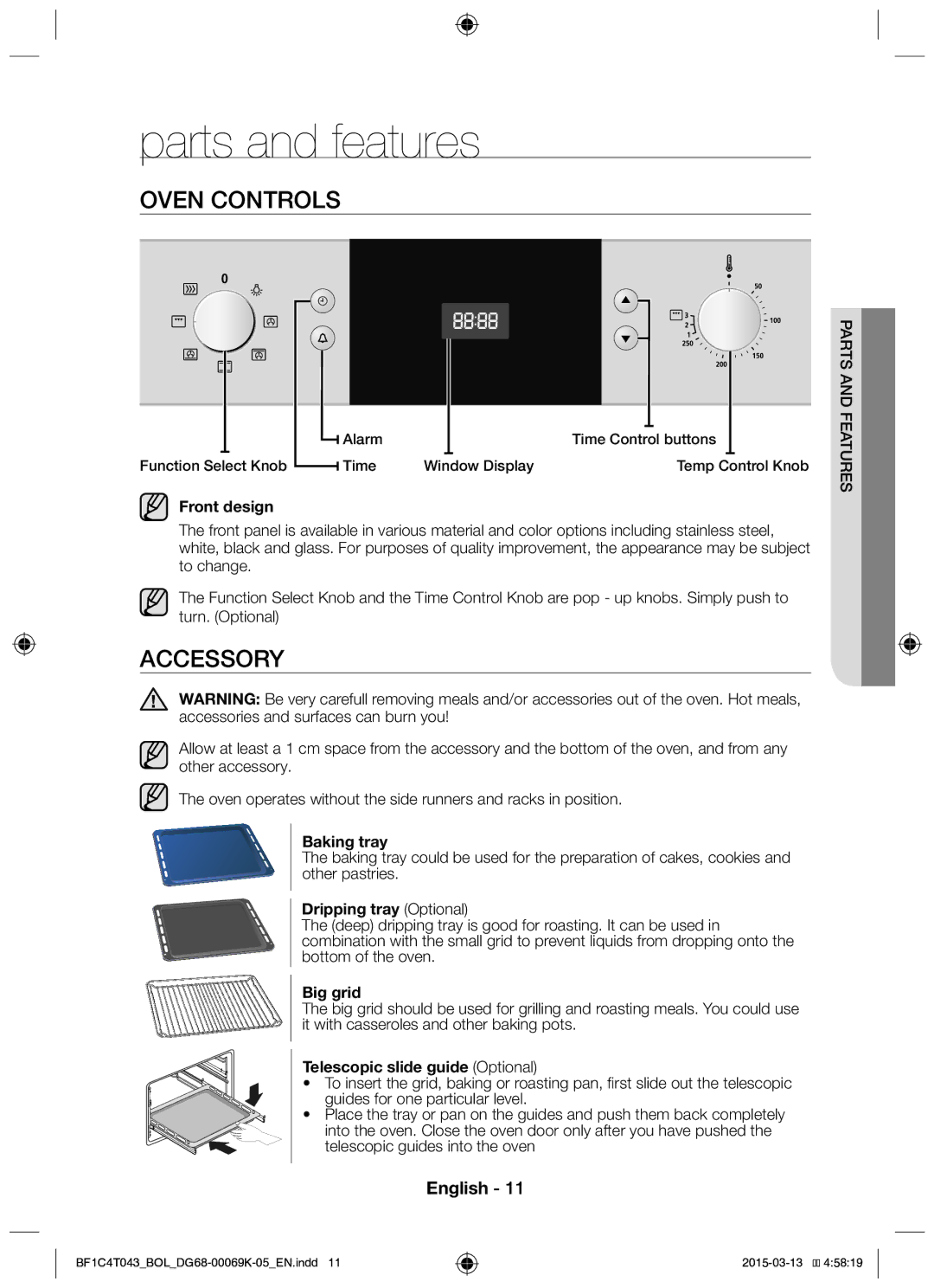 Samsung BF1C6G043/BOL, BF1C4T043/BOL manual Parts and features, Oven Controls, Accessory 