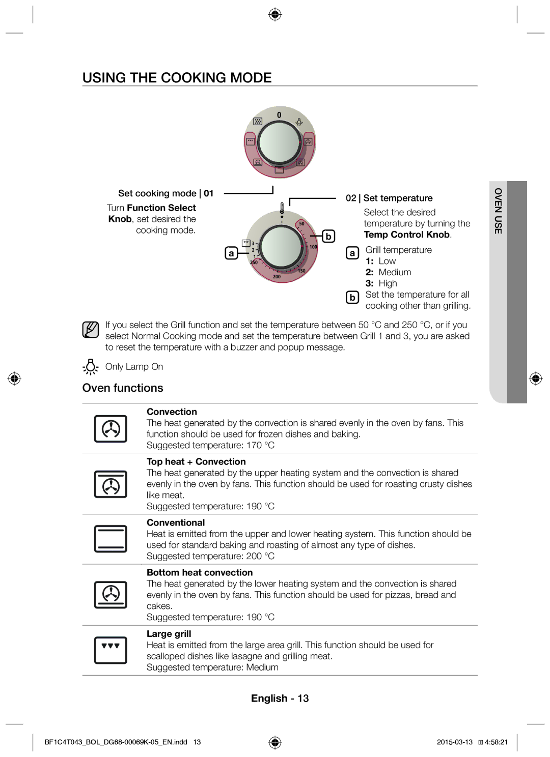 Samsung BF1C6G043/BOL, BF1C4T043/BOL manual Using the Cooking Mode, Oven functions 