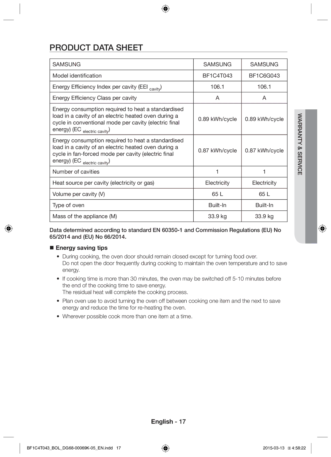 Samsung BF1C6G043/BOL manual Product Data Sheet, Load in a cavity of an electric heated oven during a, 89 kWh/cycle 