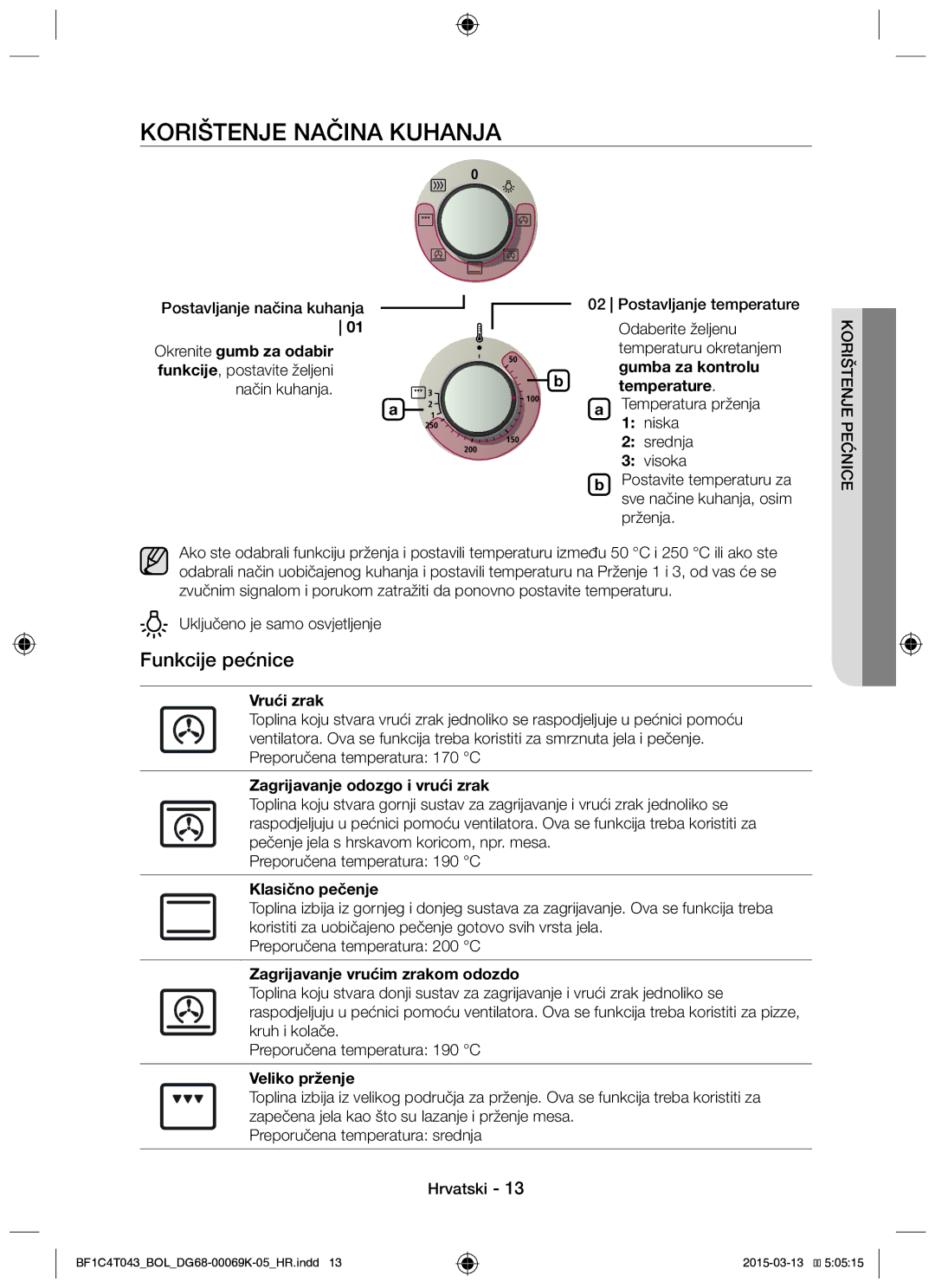 Samsung BF1C6G043/BOL, BF1C4T043/BOL manual Korištenje Načina Kuhanja, Funkcije pećnice 