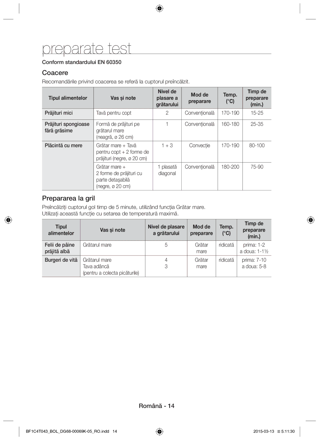 Samsung BF1C4T043/BOL, BF1C6G043/BOL manual Preparate test, Coacere, Prepararea la gril 