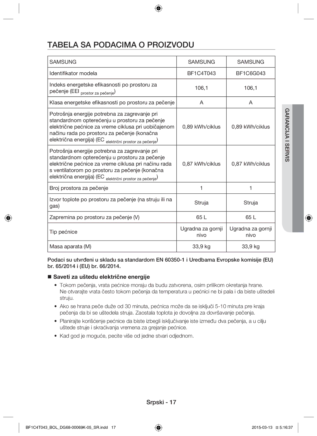 Samsung BF1C6G043/BOL Tabela SA Podacima O Proizvodu, 106,1 Cija, L Tip pećnice,  Saveti za uštedu električne energije 