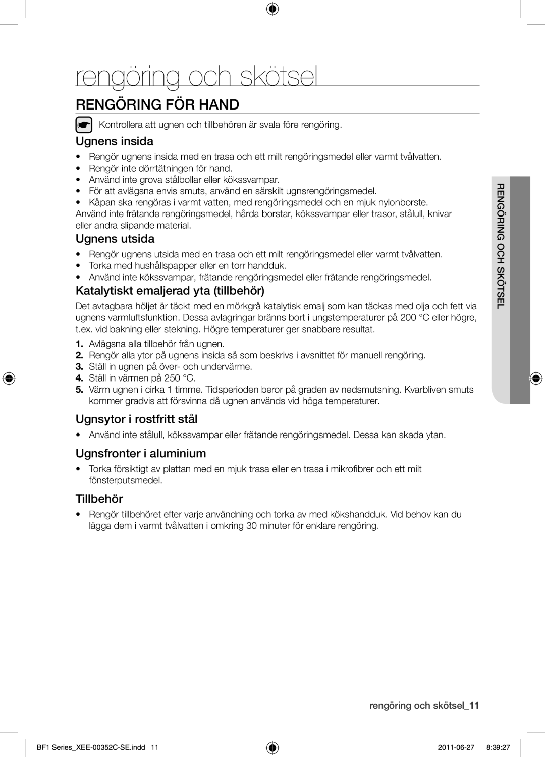 Samsung BF1C6G133/XEE manual Rengöring och skötsel, Rengöring för hand 