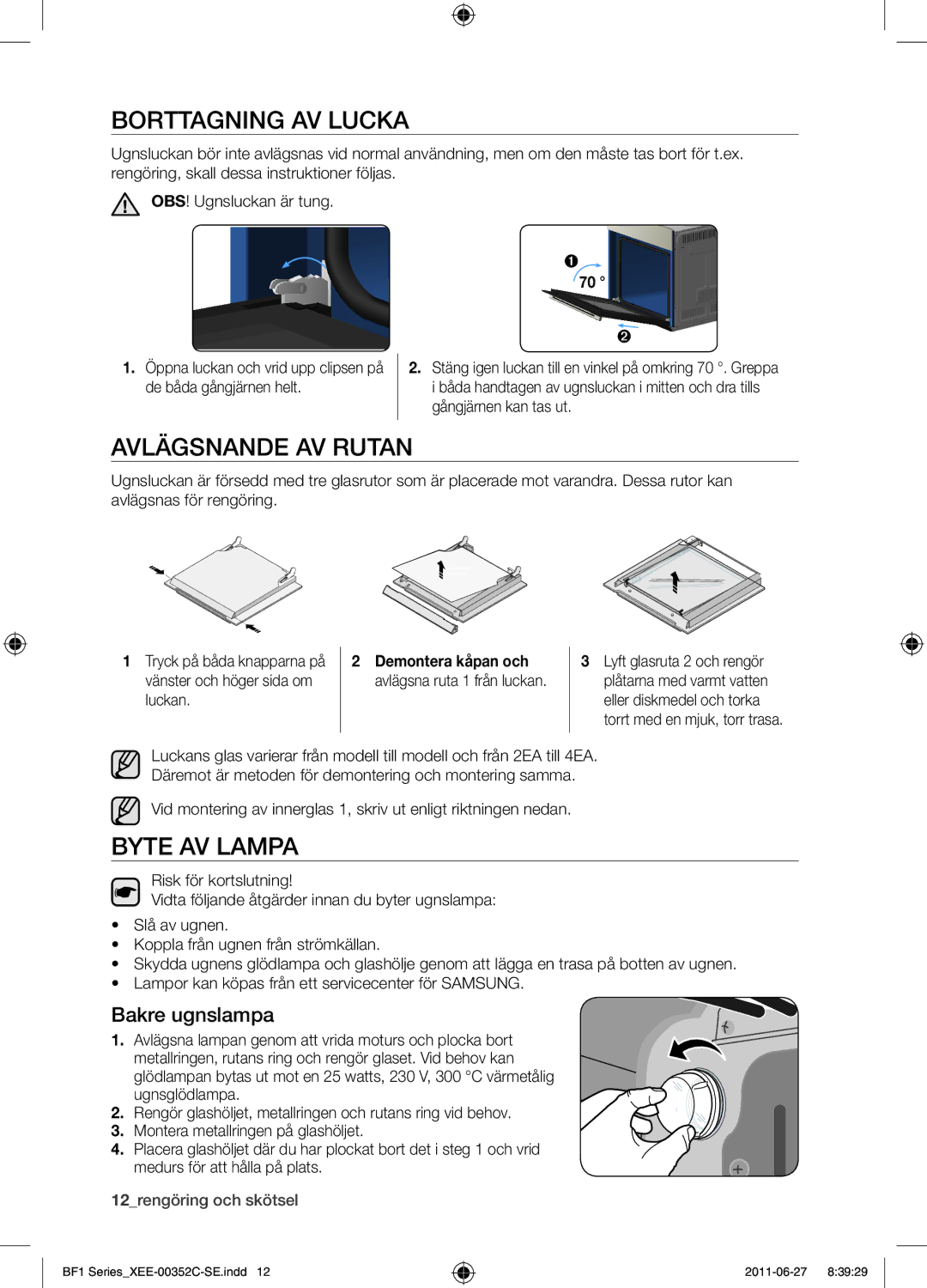 Samsung BF1C6G133/XEE Borttagning av lucka, Avlägsnande av rutan, Byte av lampa, Bakre ugnslampa, Demontera kåpan och 