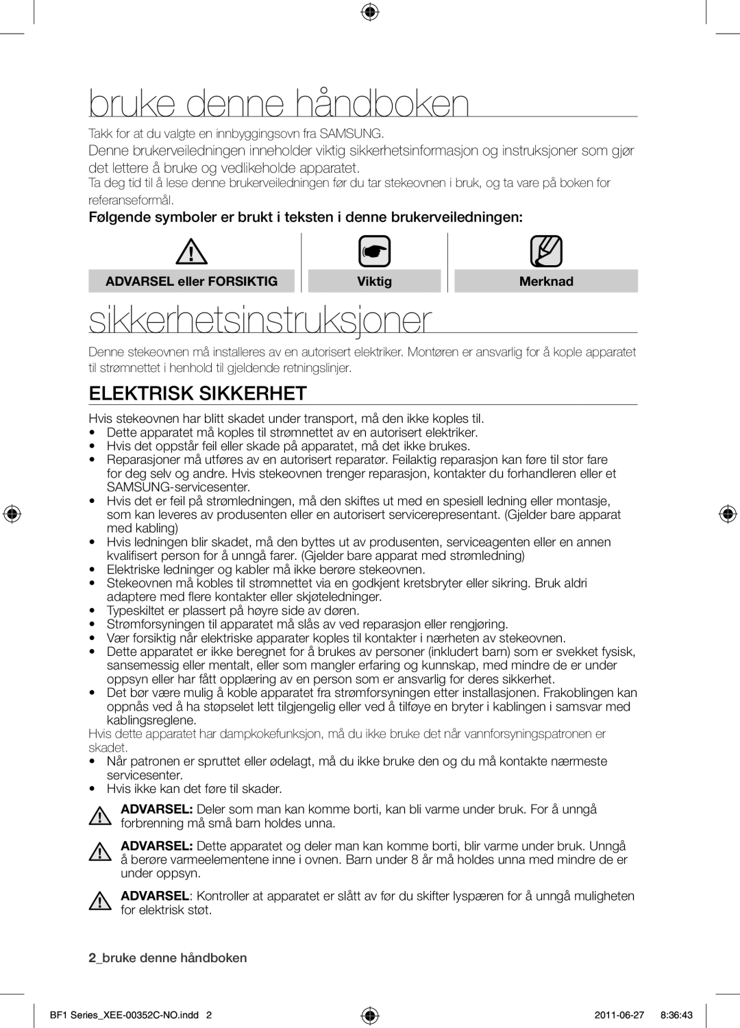 Samsung BF1C6G133/XEE manual Bruke denne håndboken, Sikkerhetsinstruksjoner, Elektrisk sikkerhet, Merknad 