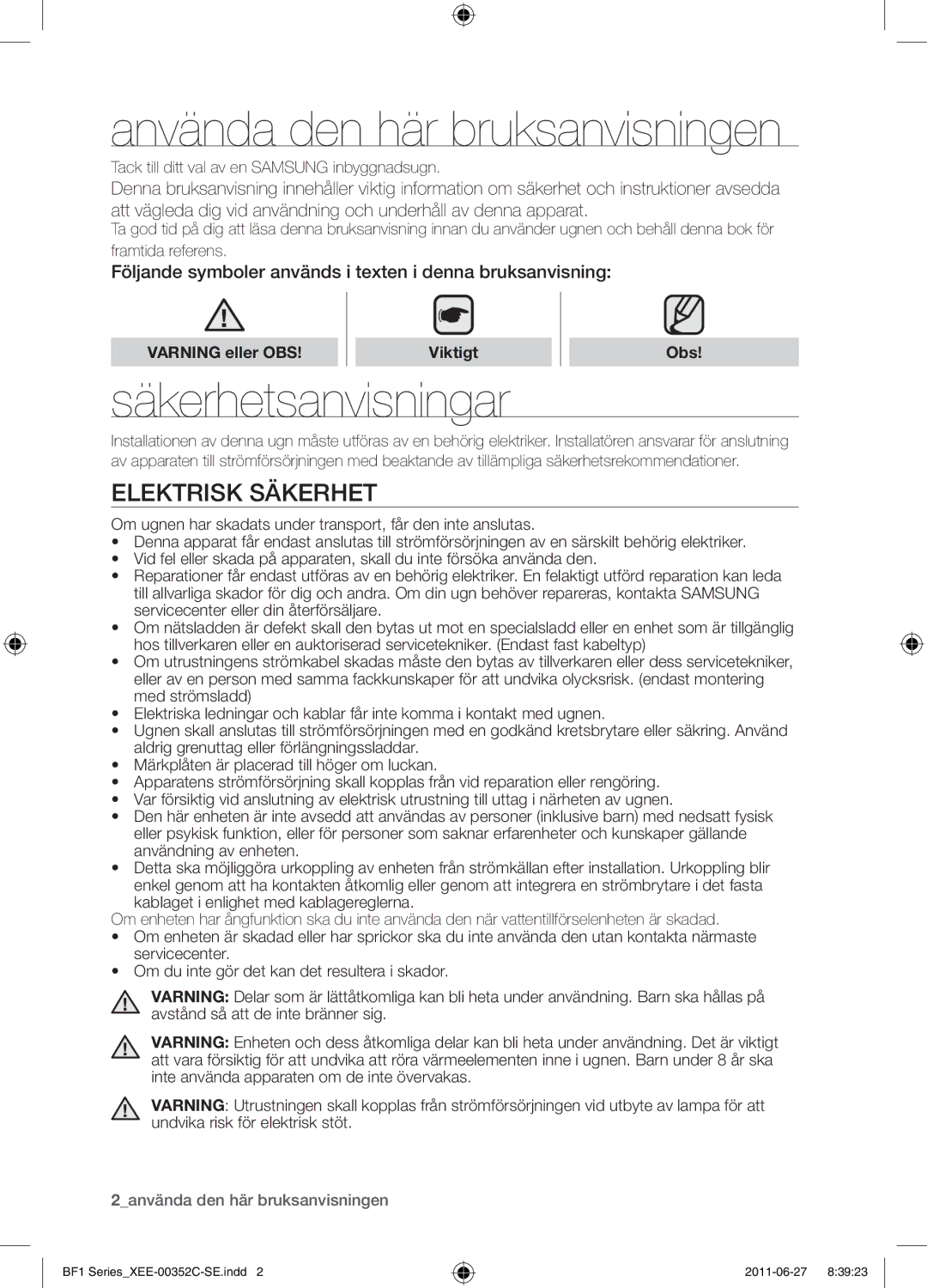 Samsung BF1C6G133/XEE Använda den här bruksanvisningen, Säkerhetsanvisningar, Elektrisk säkerhet, Varning eller OBS, Obs 