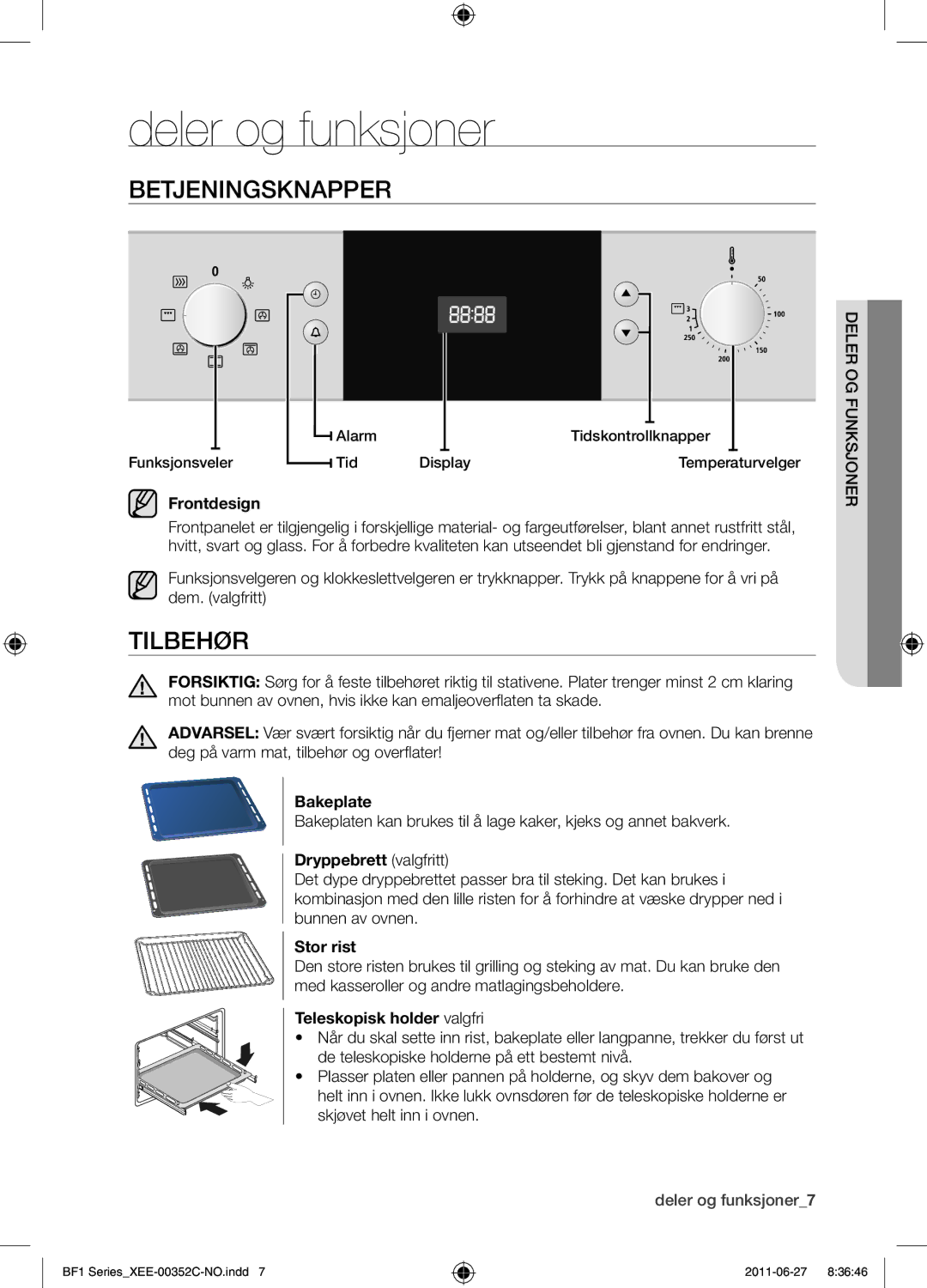 Samsung BF1C6G133/XEE manual Deler og funksjoner, Betjeningsknapper, Tilbehør 