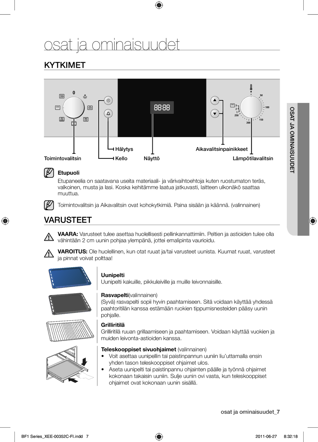 Samsung BF1C6G133/XEE manual Osat ja ominaisuudet, Kytkimet, Varusteet 