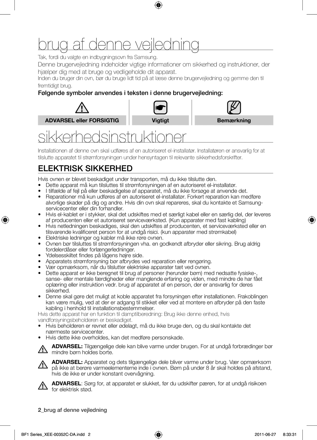 Samsung BF1C6G133/XEE manual Brug af denne vejledning, Sikkerhedsinstruktioner, Elektrisk sikkerhed, Bemærkning 