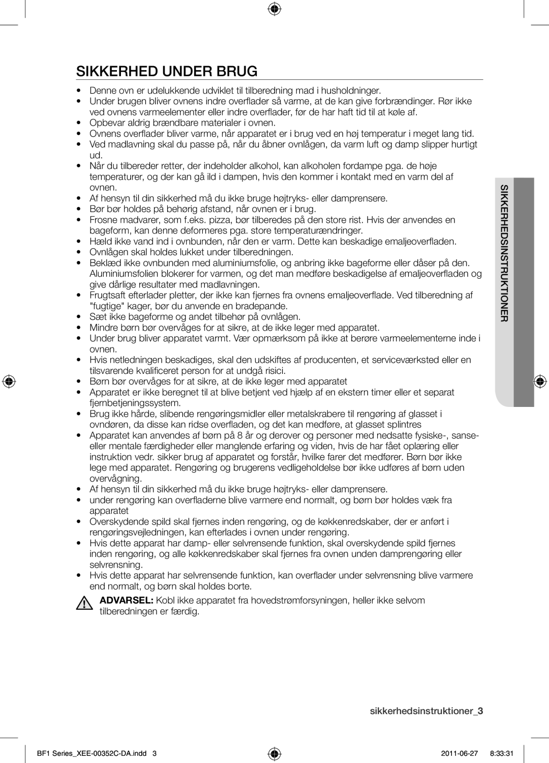 Samsung BF1C6G133/XEE manual Sikkerhed under brug, Erh sikkdsinstruktion 