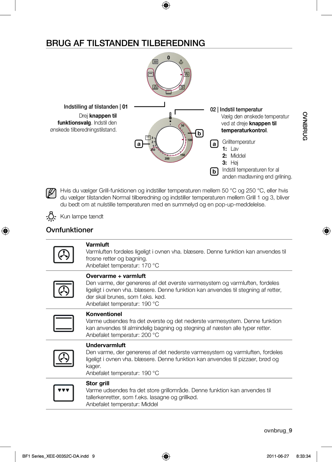 Samsung BF1C6G133/XEE manual Brug af tilstanden Tilberedning, Ovnfunktioner 