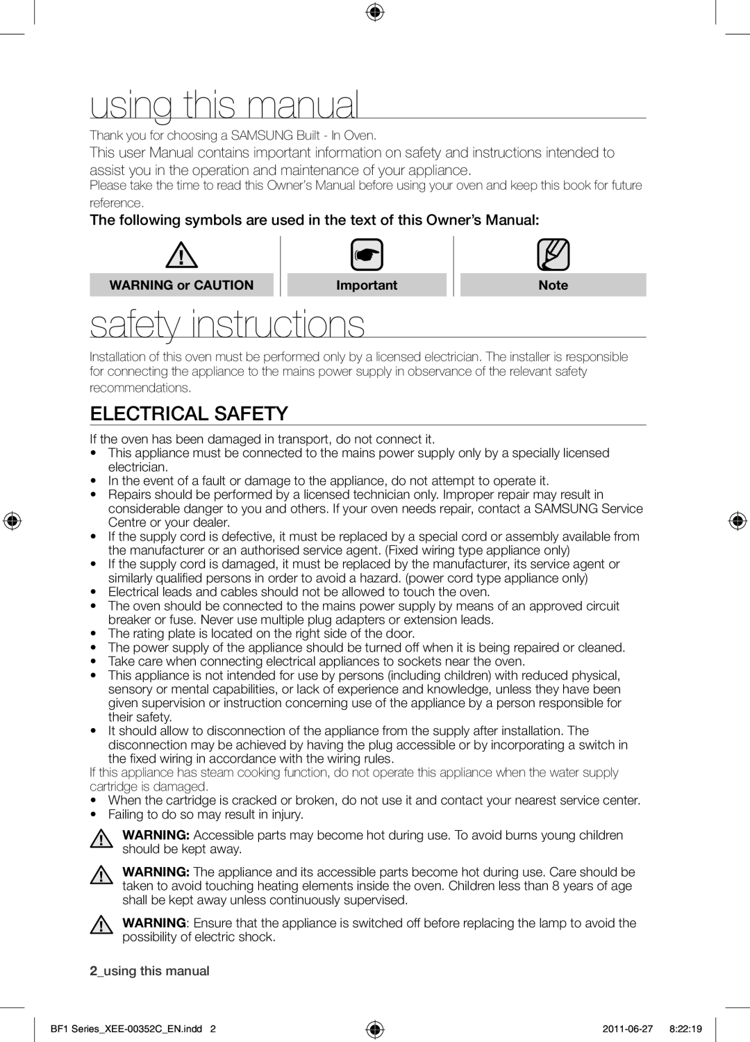 Samsung BF1C6G133/XEE Using this manual, Safety instructions, Electrical safety, Recommendations 