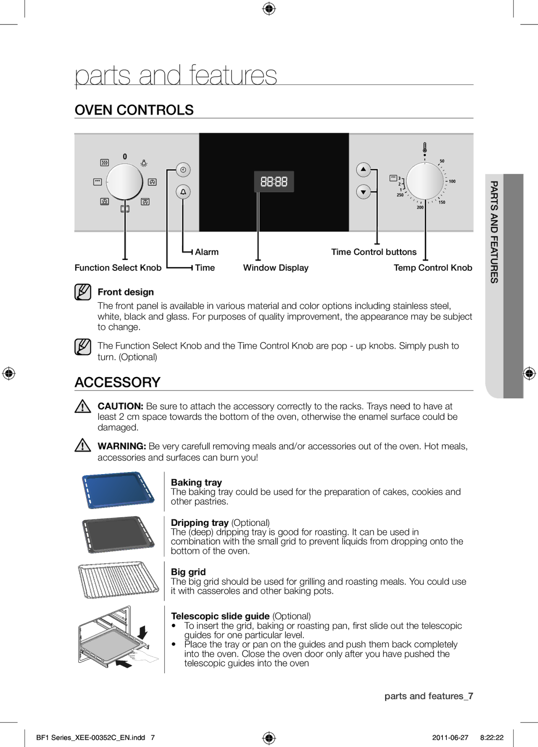 Samsung BF1C6G133/XEE manual Parts and features, Oven controls, Accessory 