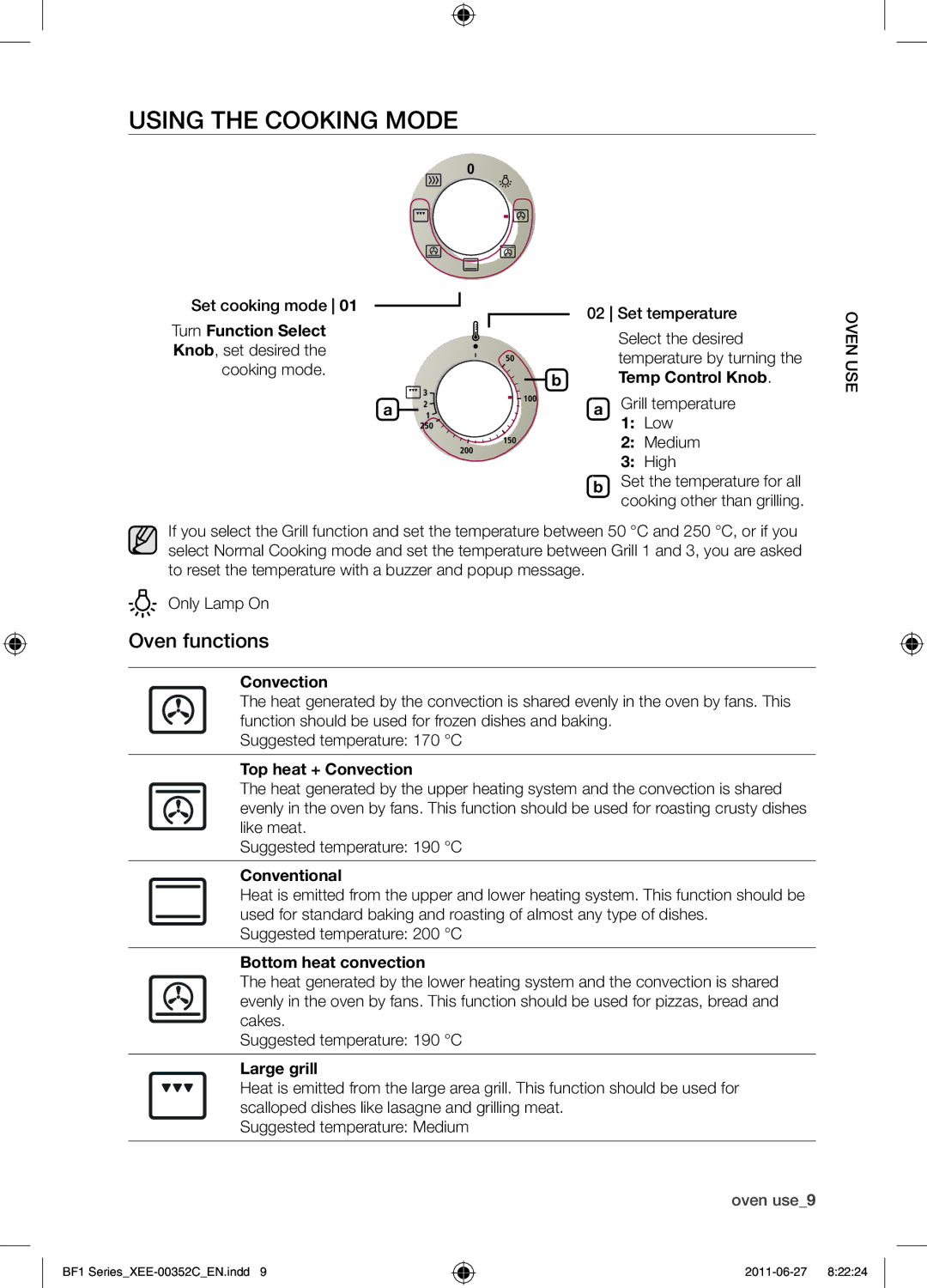 Samsung BF1C6G133/XEE manual Using the Cooking mode, Oven functions 