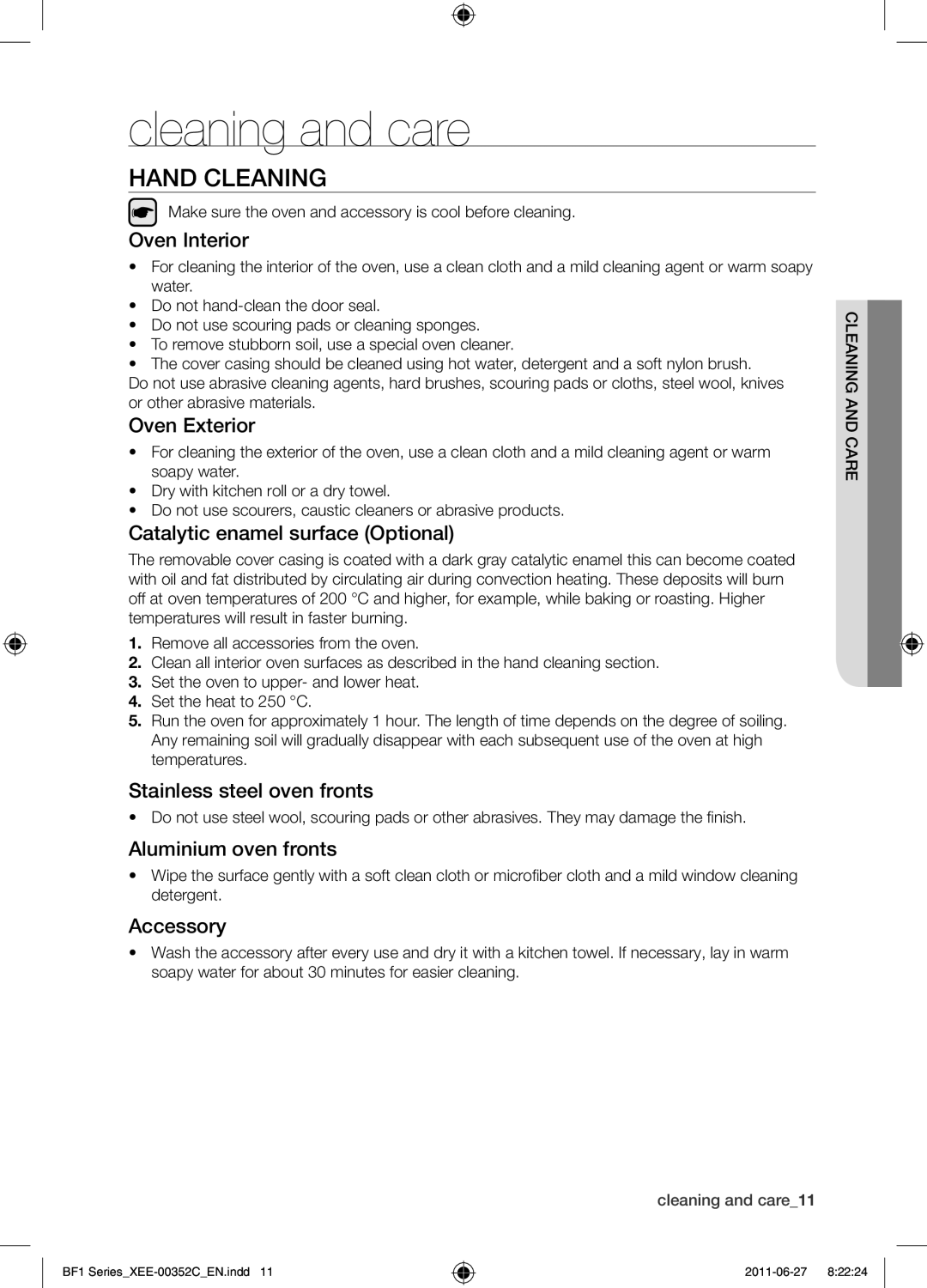 Samsung BF1C6G133/XEE manual Cleaning and care, Hand Cleaning 