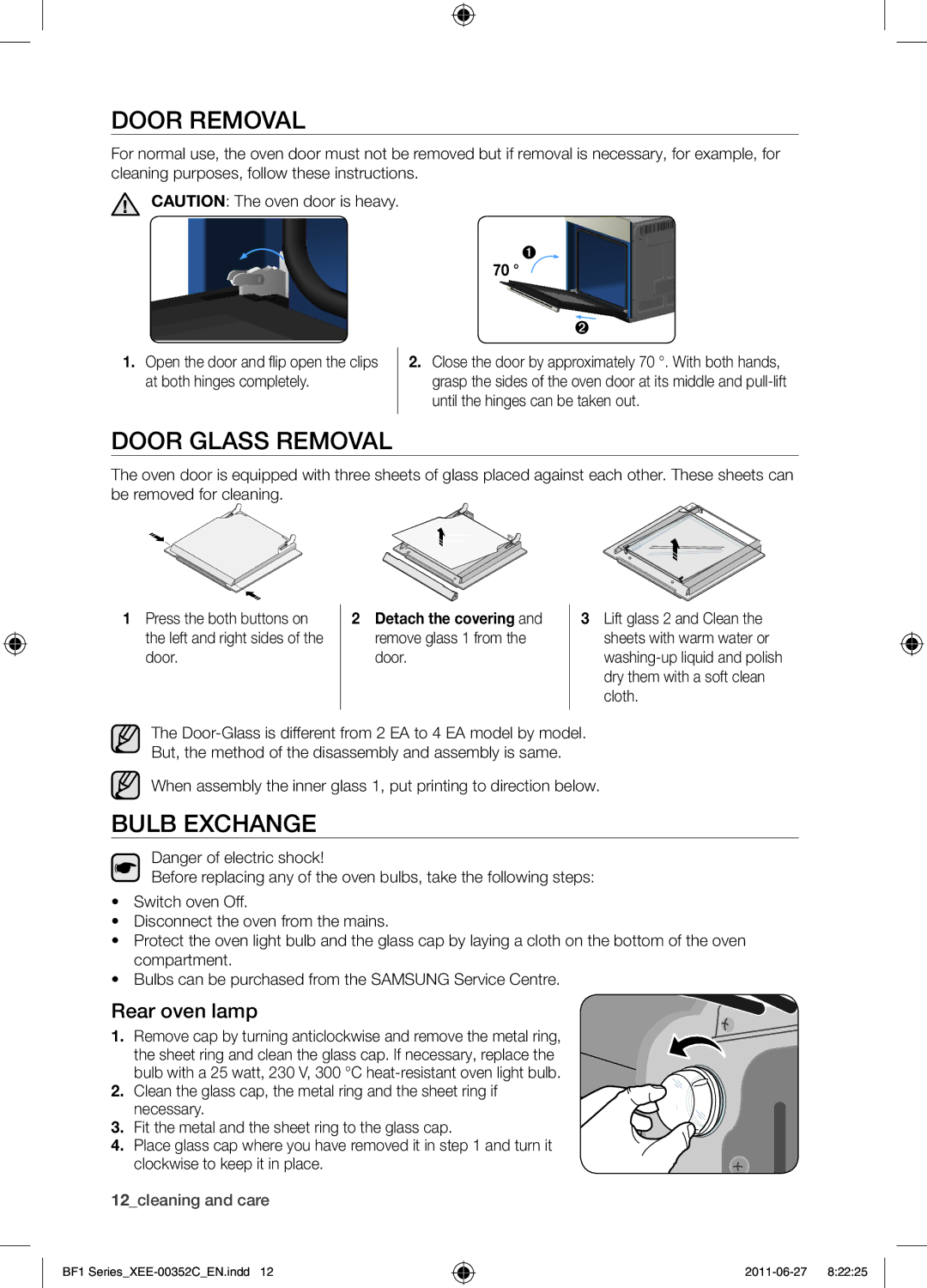 Samsung BF1C6G133/XEE manual Door Removal, Door Glass Removal, Bulb Exchange, Rear oven lamp 