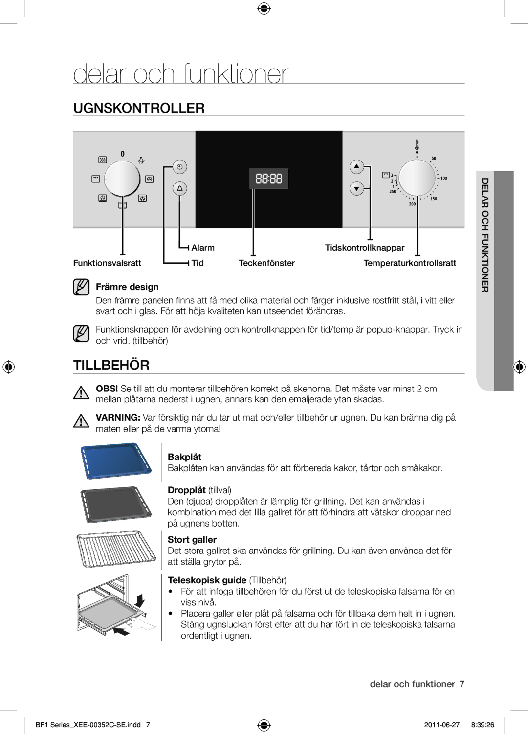 Samsung BF1C6G133/XEE manual Delar och funktioner, Ugnskontroller, Tillbehör 