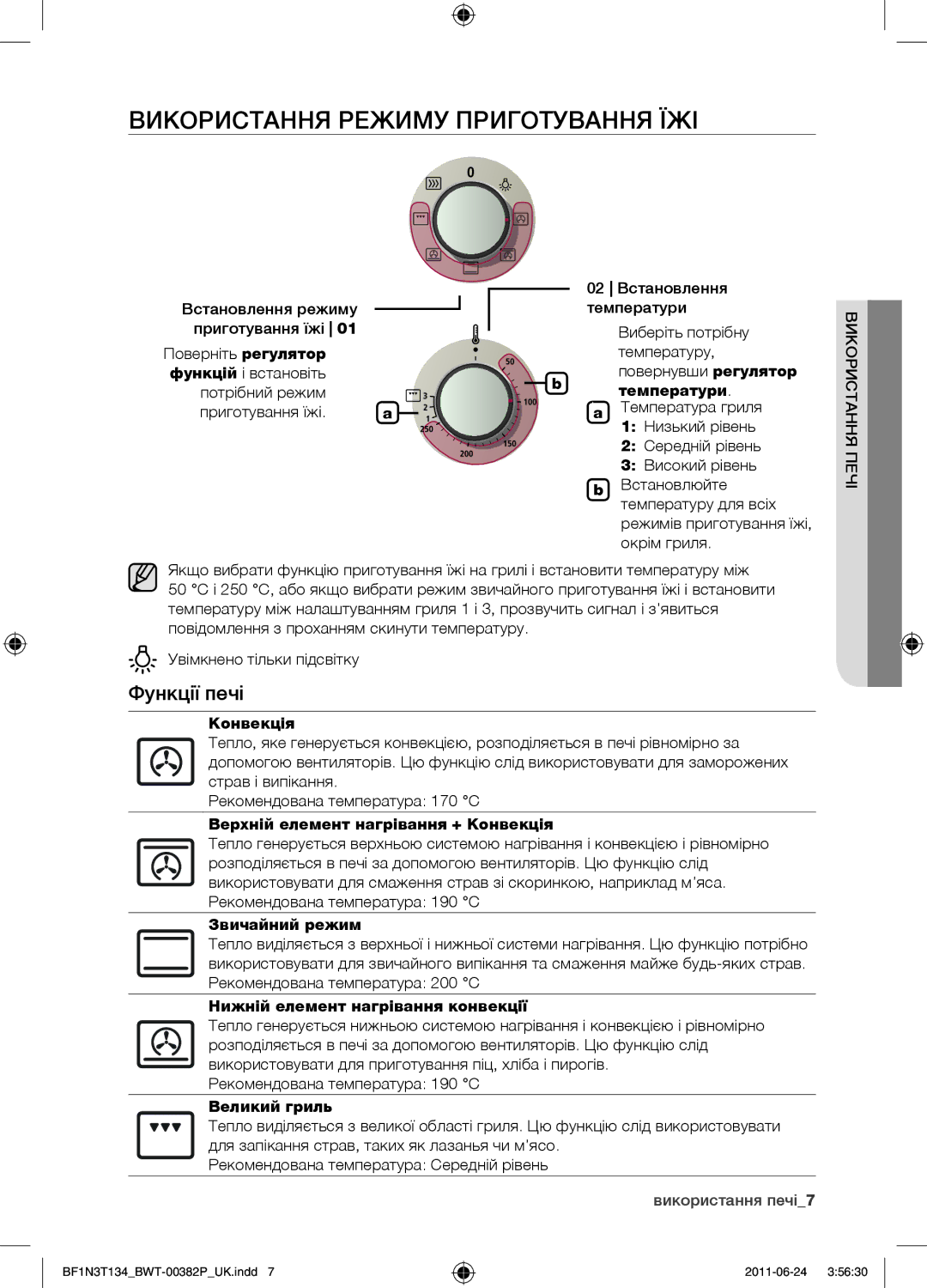 Samsung BF1N3T022/BWT manual Використання режиму приготування їжі, Функції печі 