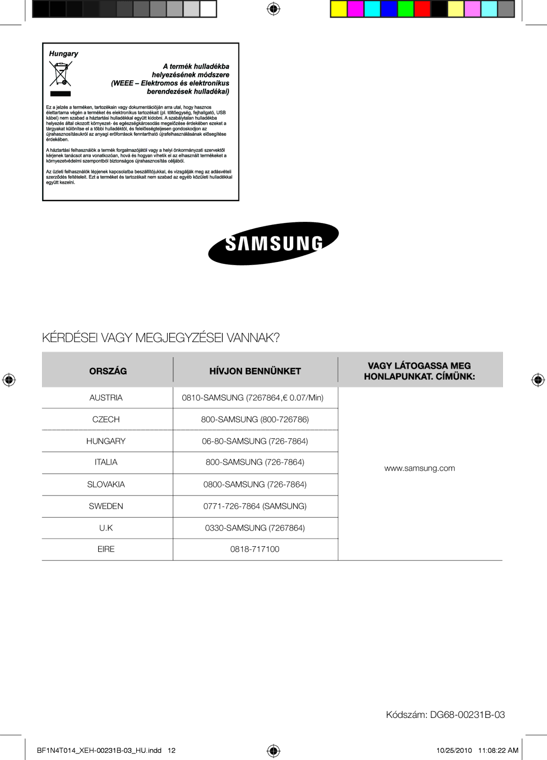 Samsung BF1N4B008/XEH, BF1N4T014/XEH manual Kódszám DG68-00231B-03, Austria 