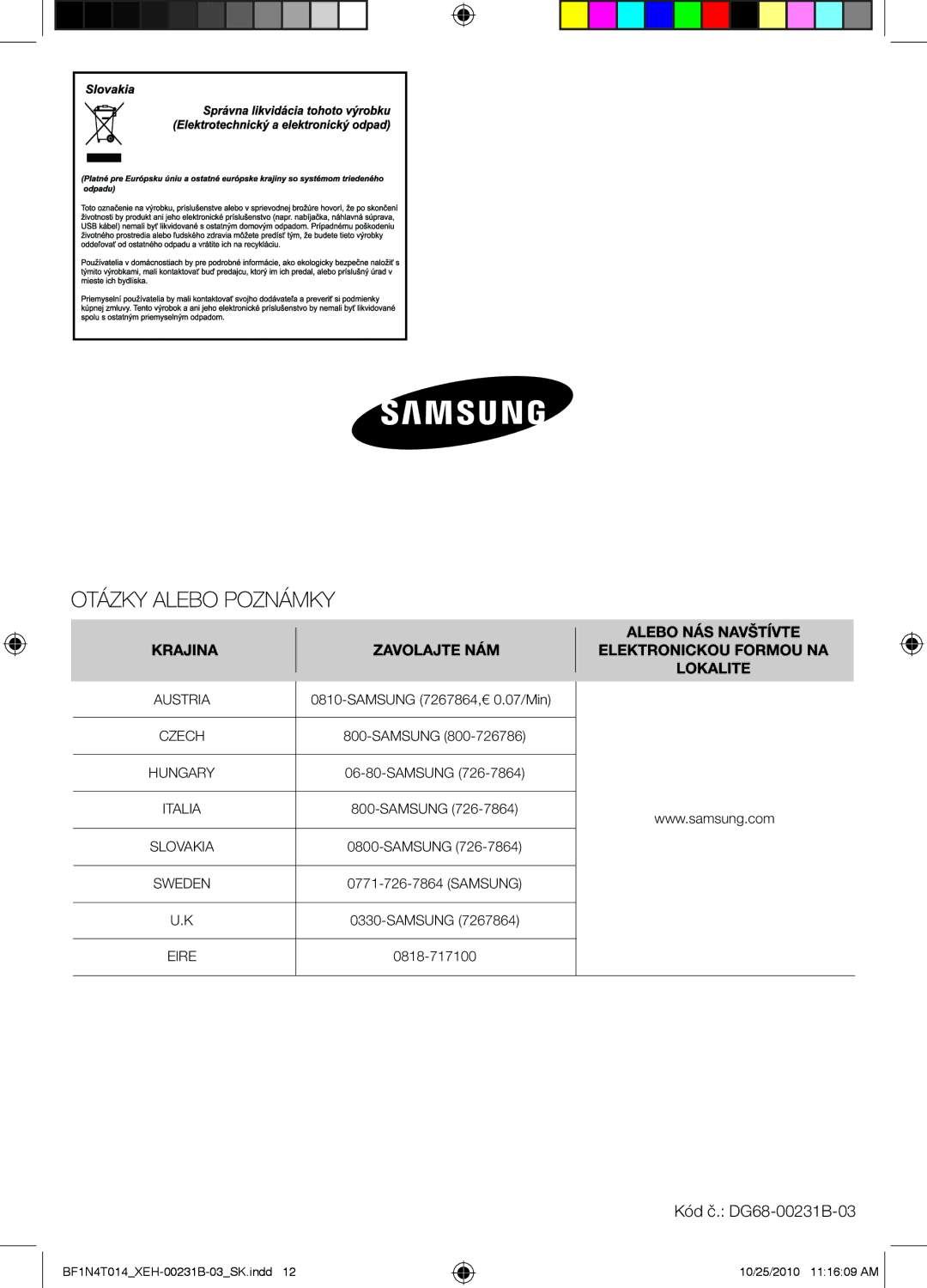 Samsung BF1N4B008/XEH, BF1N4T014/XEH manual Kód č. DG68-00231B-03 