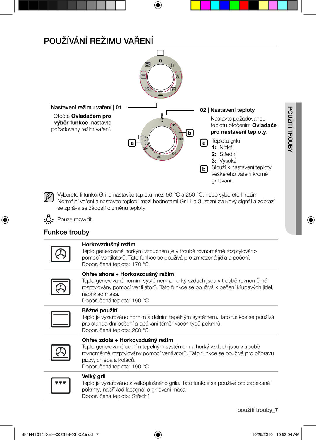 Samsung BF1N4T014/XEH, BF1N4B008/XEH manual Používání režimu Vaření, Funkce trouby 