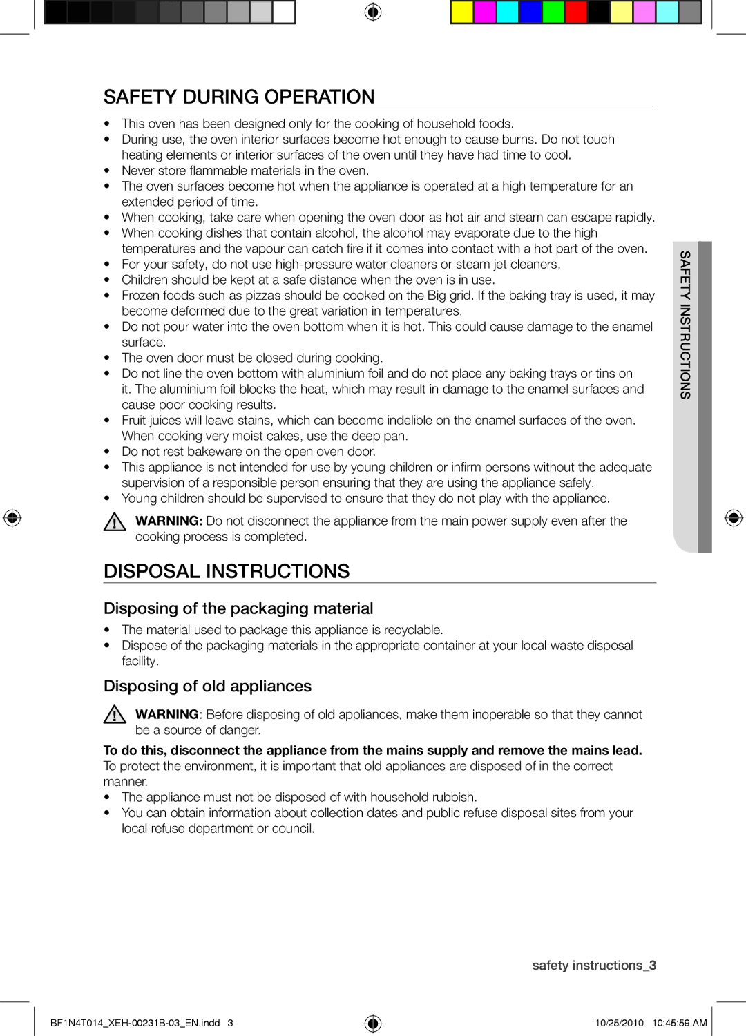 Samsung BF1N4T014/XEH, BF1N4B008/XEH Safety during operation, Disposal Instructions, Disposing of the packaging material 