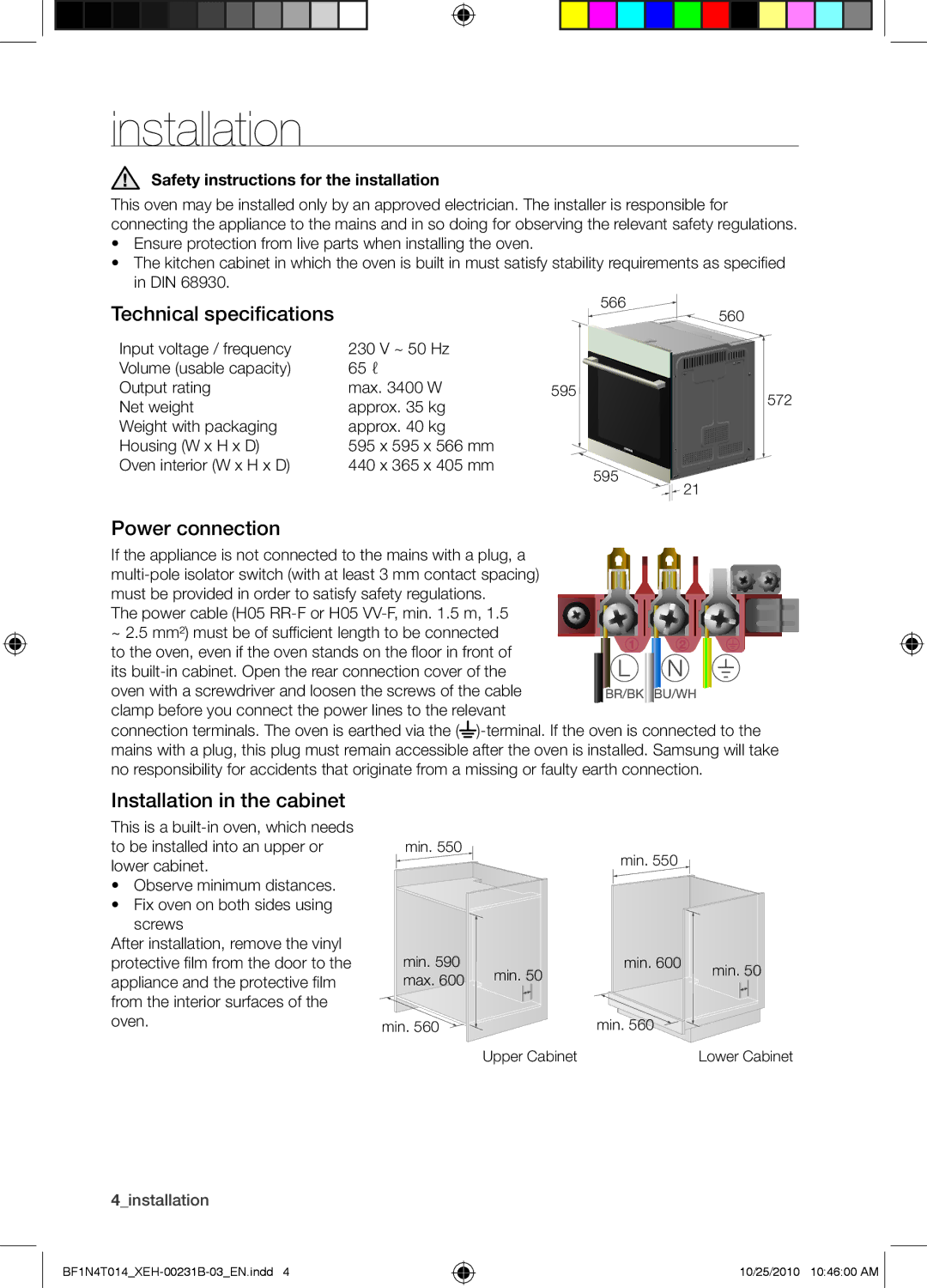 Samsung BF1N4B008/XEH, BF1N4T014/XEH manual Technical specifications, Power connection, Installation in the cabinet 