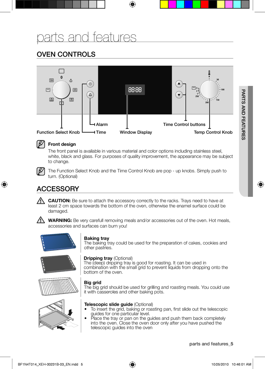 Samsung BF1N4T014/XEH, BF1N4B008/XEH manual Parts and features, Oven controls, Accessory 