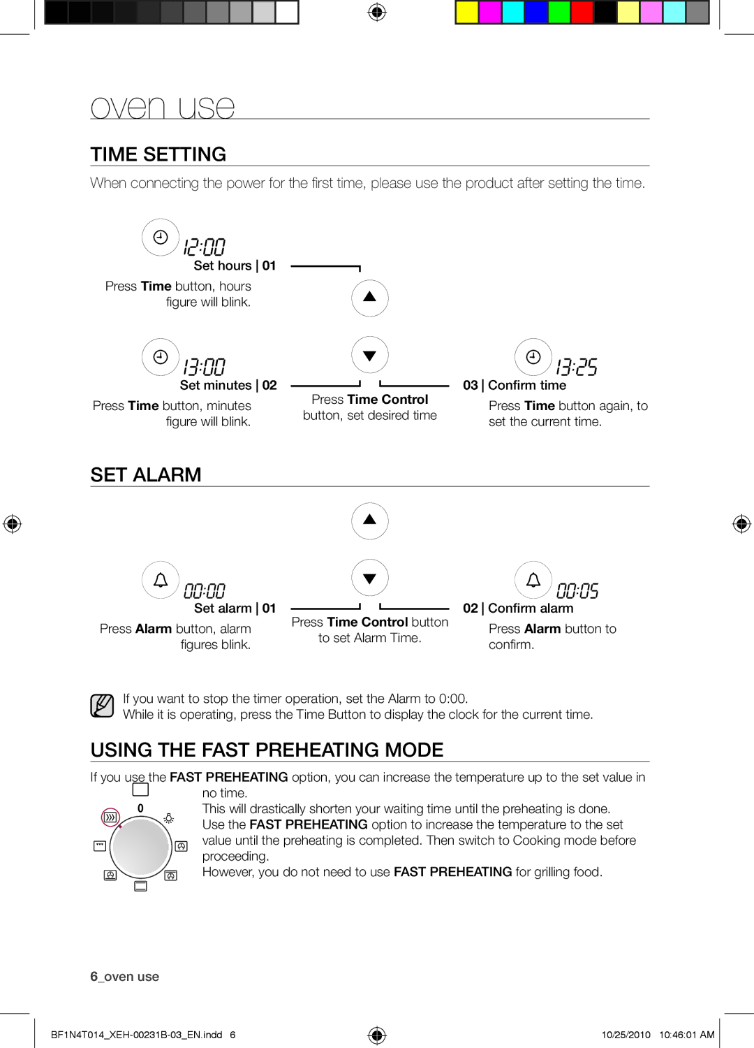 Samsung BF1N4B008/XEH, BF1N4T014/XEH manual Oven use, Time setting, Set Alarm, Using the Fast Preheating mode 