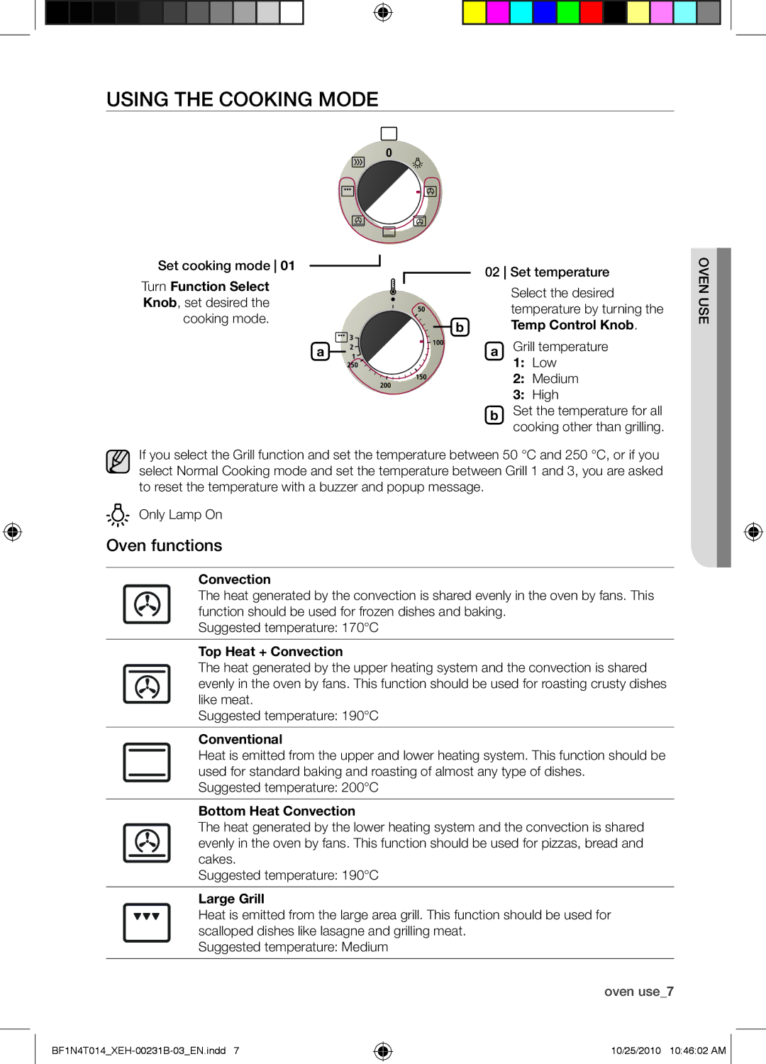 Samsung BF1N4T014/XEH, BF1N4B008/XEH manual Using the Cooking mode, Oven functions 