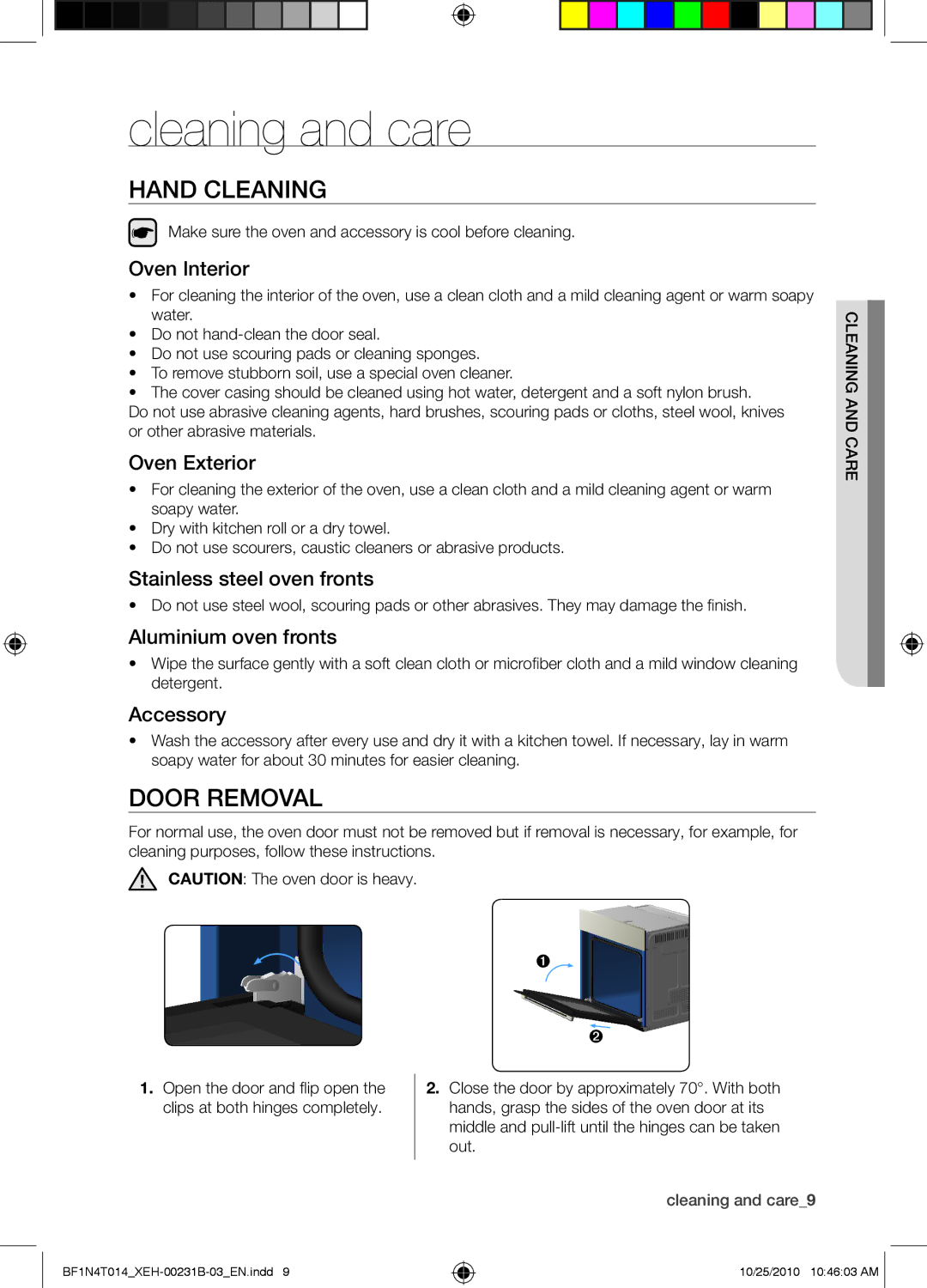 Samsung BF1N4T014/XEH, BF1N4B008/XEH manual Cleaning and care, Hand Cleaning, Door Removal 