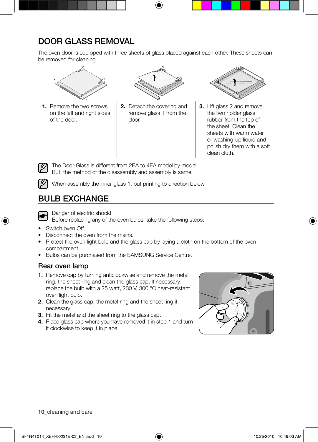 Samsung BF1N4B008/XEH, BF1N4T014/XEH manual Door Glass Removal, Bulb Exchange, Rear oven lamp 