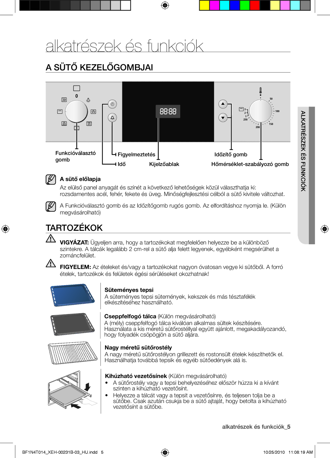 Samsung BF1N4T014/XEH, BF1N4B008/XEH manual Alkatrészek és funkciók, Sütő kezelőgombjai, Tartozékok 